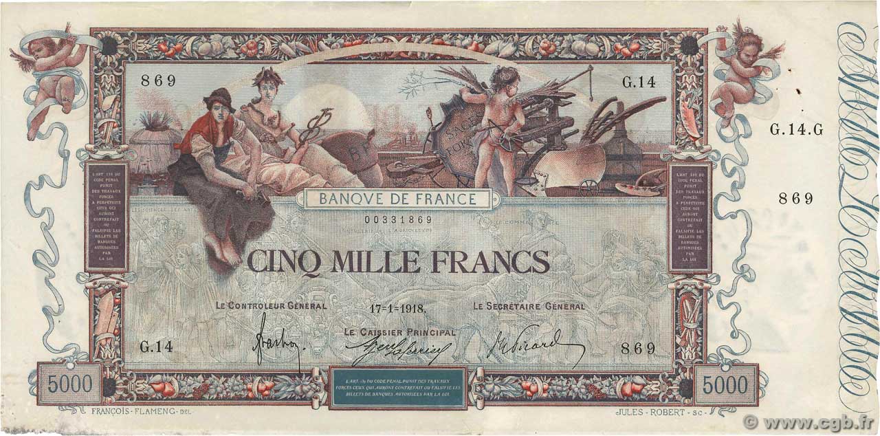 5000 Francs FLAMENG FRANKREICH  1918 F.43.01 fVZ
