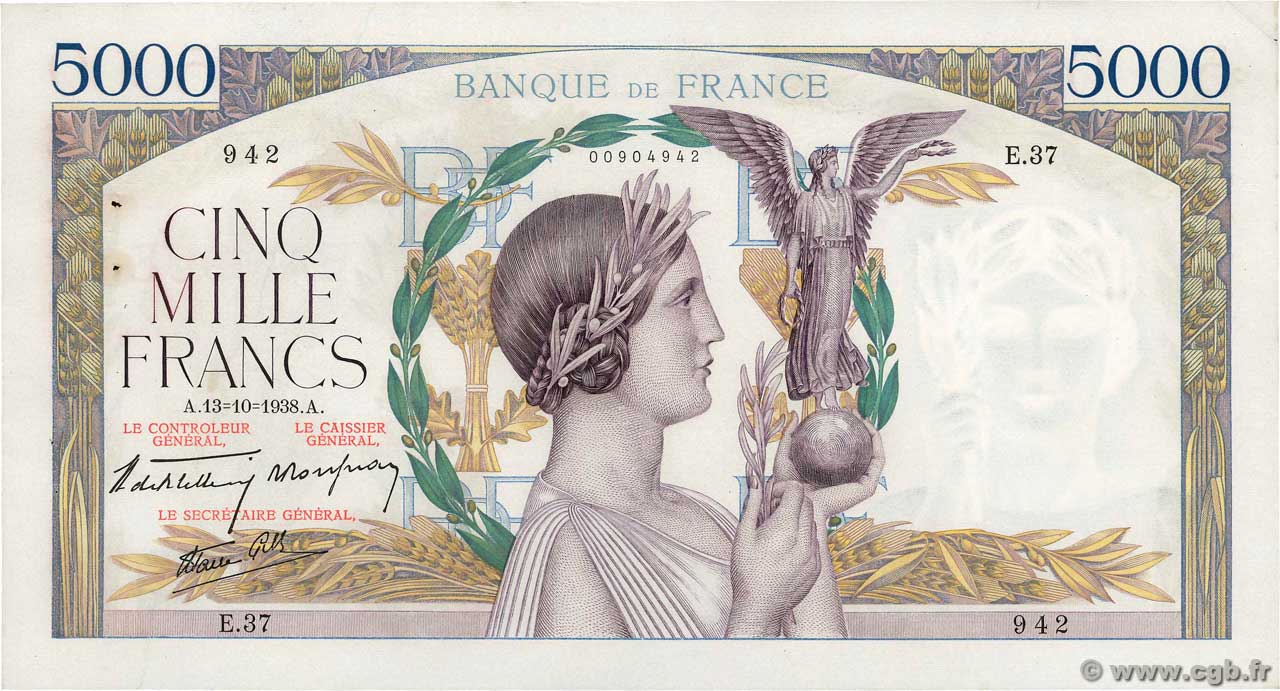 5000 Francs VICTOIRE modifié, taille douce FRANCIA  1938 F.45.01 EBC