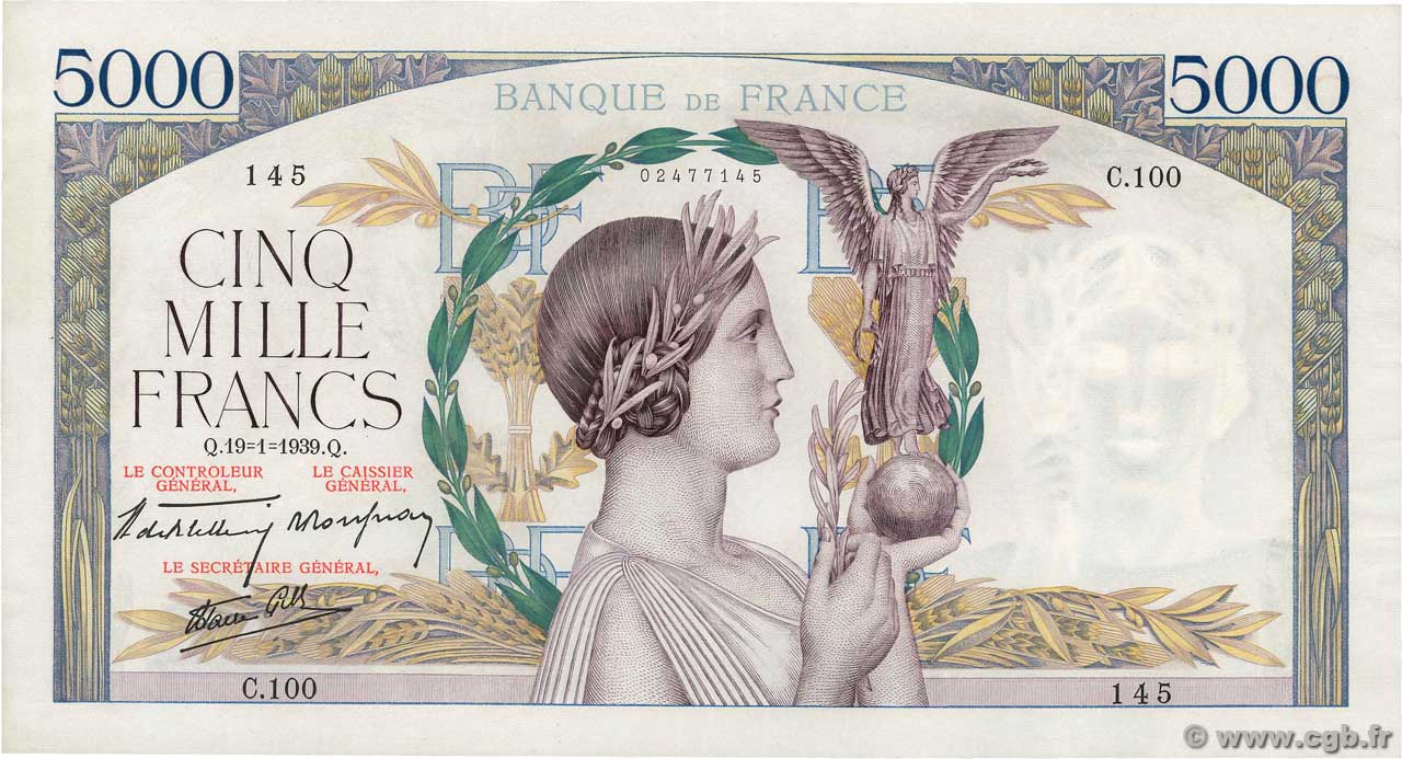 5000 Francs VICTOIRE Impression à plat FRANCE  1939 F.46.02 XF