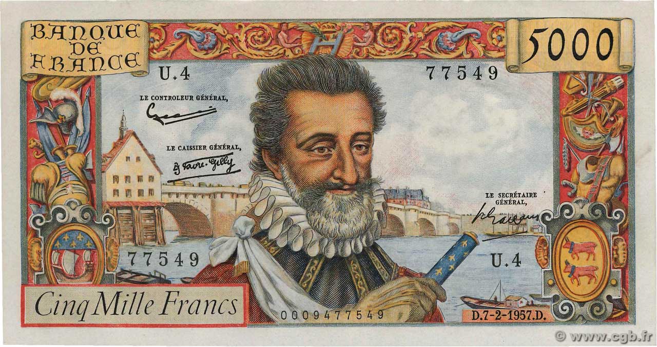 5000 Francs HENRI IV FRANCIA  1957 F.49.01 AU