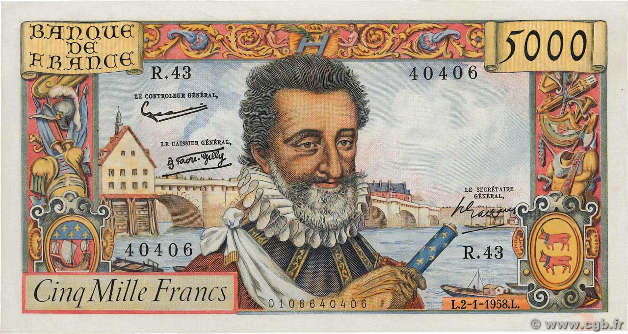 5000 Francs HENRI IV FRANCE  1958 F.49.05 SUP