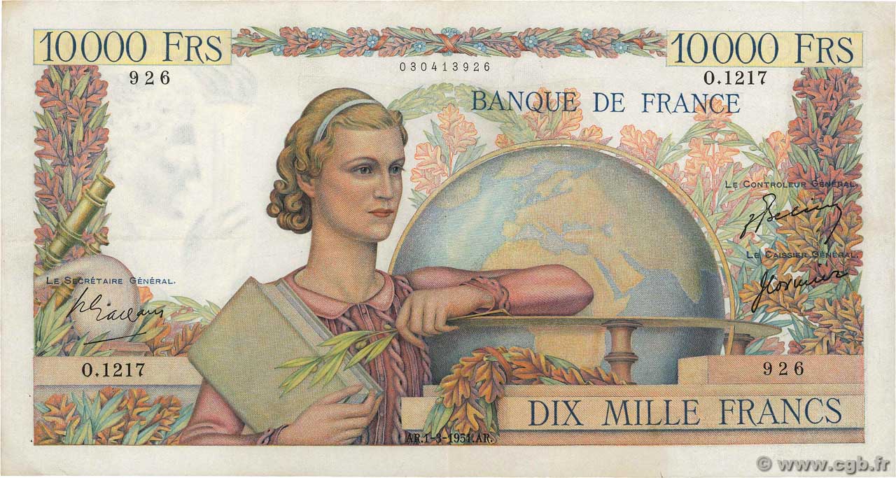 10000 Francs GÉNIE FRANÇAIS FRANCE  1951 F.50.48 VF+