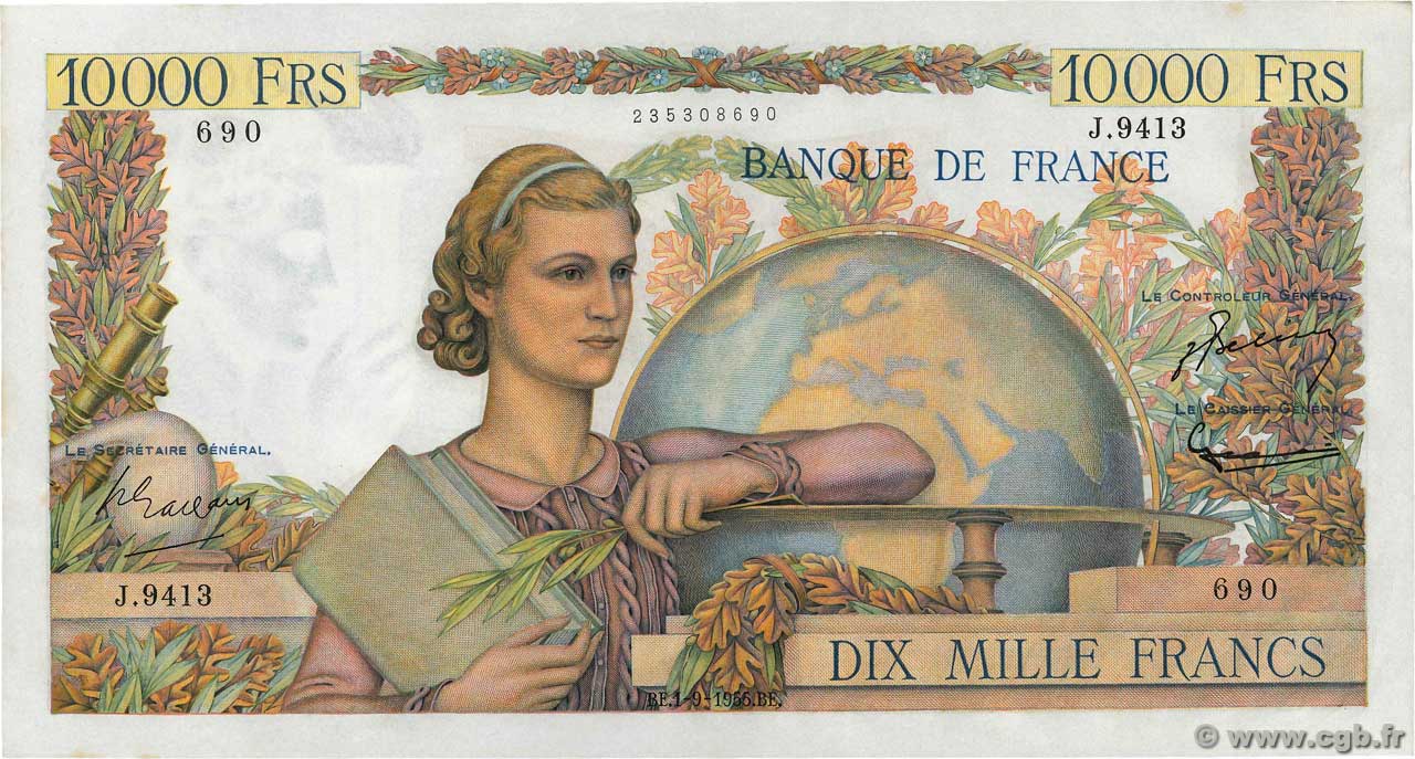 10000 Francs GÉNIE FRANÇAIS FRANCE  1955 F.50.76 XF+