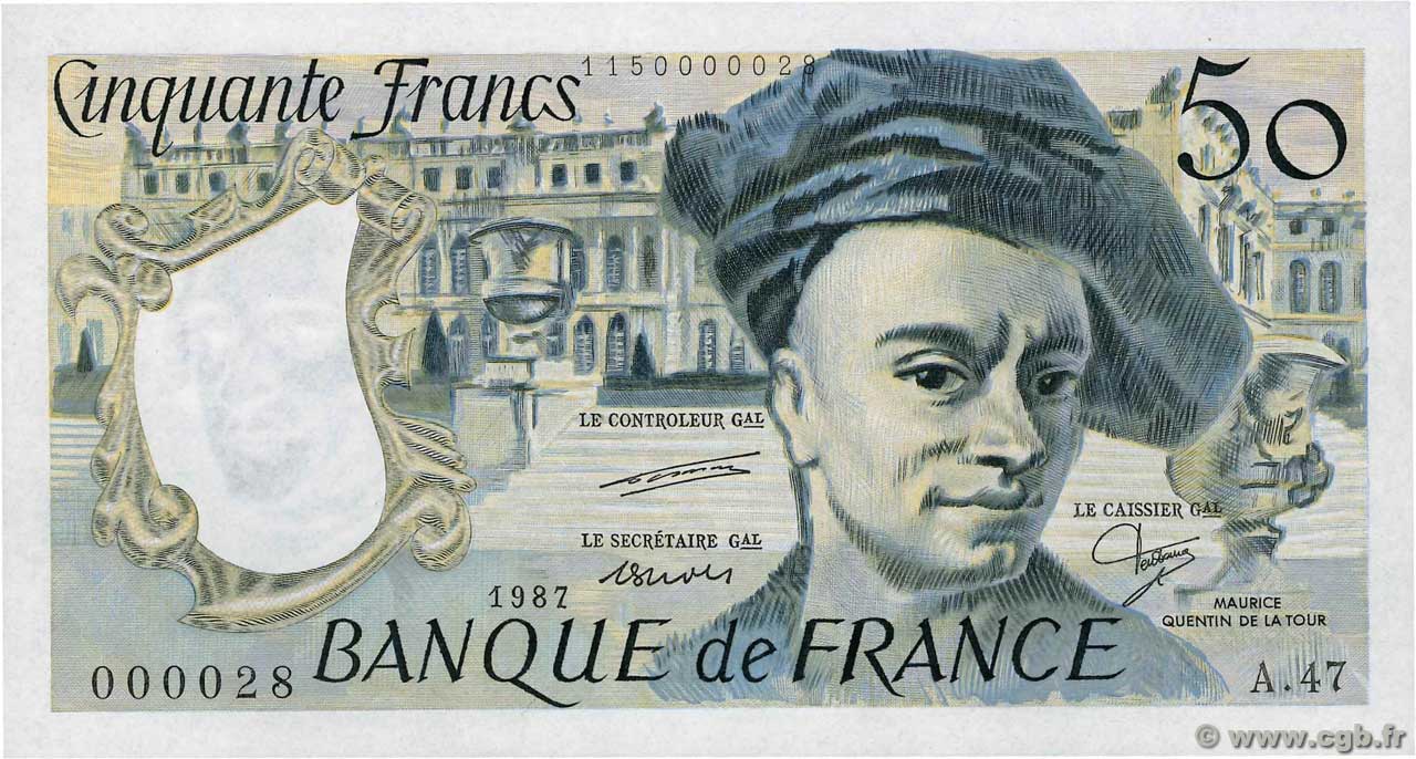 50 Francs QUENTIN DE LA TOUR Petit numéro FRANCIA  1987 F.67.13A47 q.FDC