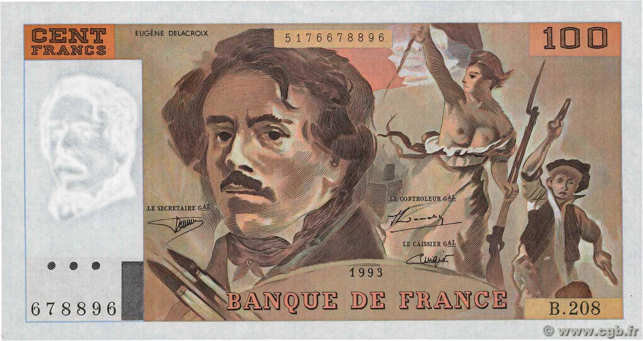 100 Francs DELACROIX imprimé en continu FRANCIA  1993 F.69bis.05 q.FDC
