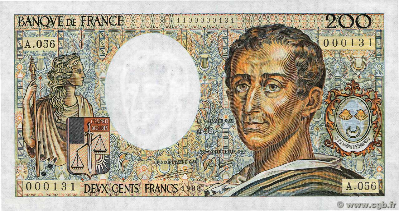 200 Francs MONTESQUIEU Petit numéro FRANKREICH  1988 F.70.08 fST+