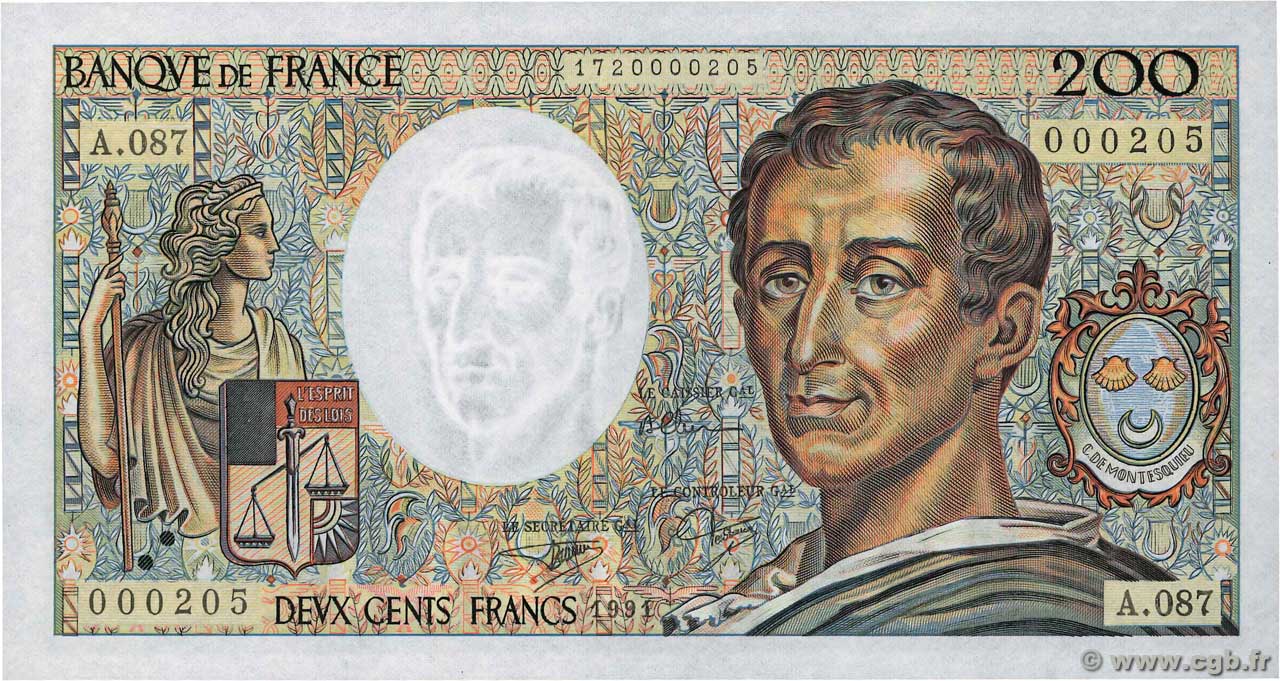 200 Francs MONTESQUIEU Petit numéro FRANCE  1991 F.70.11 pr.NEUF