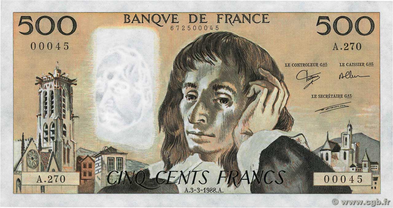 500 Francs PASCAL Petit numéro FRANCIA  1988 F.71.38 SC+
