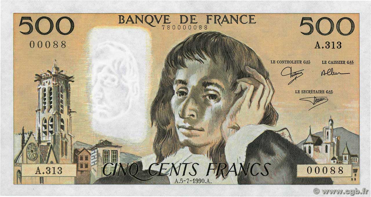 500 Francs PASCAL Petit numéro FRANKREICH  1990 F.71.44 fST+