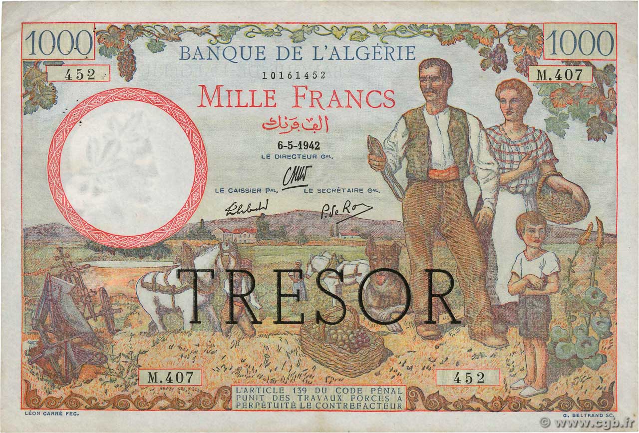 1000 Francs ALGÉRIE FRANCIA  1942 VF.10.01 BB