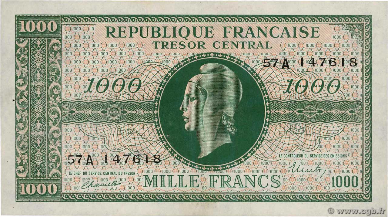 1000 Francs MARIANNE BANQUE D ANGLETERRE FRANKREICH  1945 VF.12.01 VZ