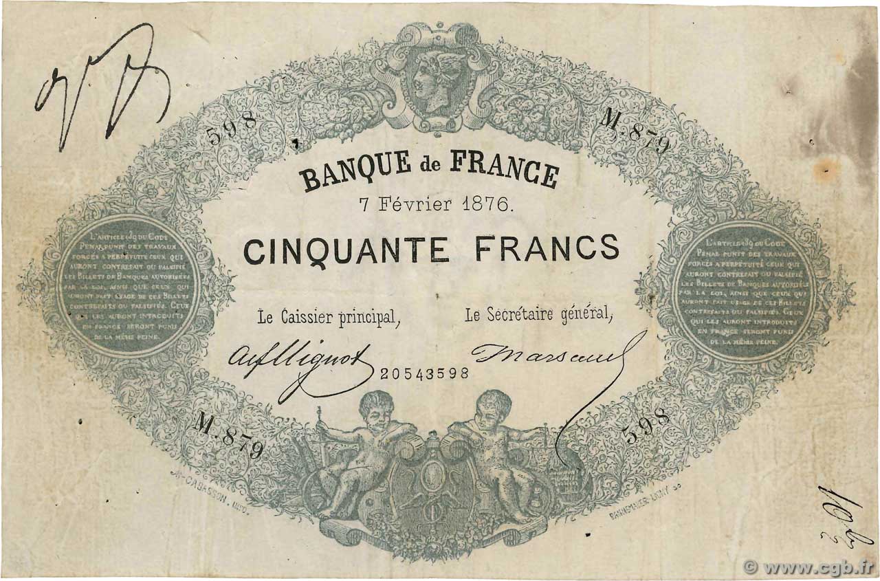 50 Francs type 1868 Indices Noirs Faux FRANKREICH  1876 F.A38.10x S