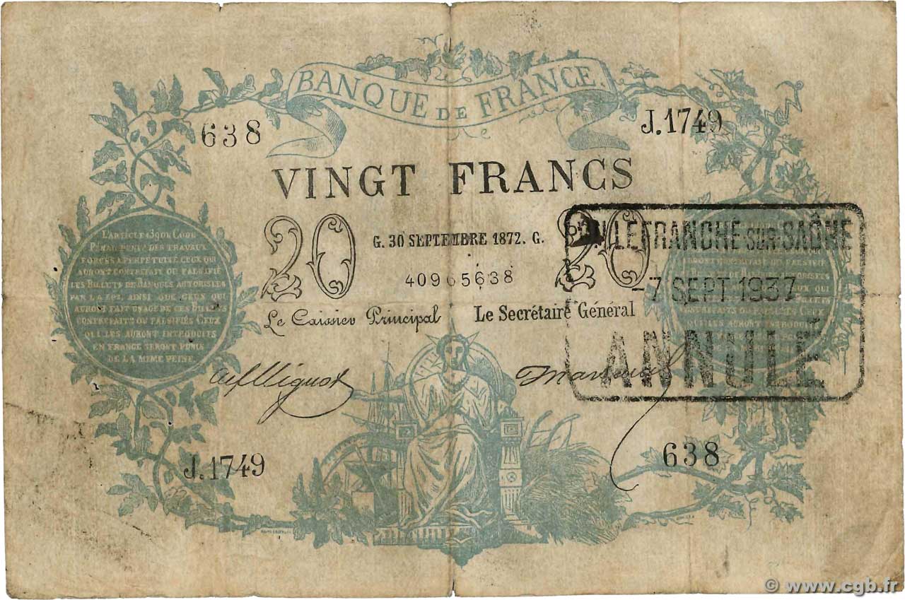 20 Francs type 1871 Faux FRANCE  1873 F.A46.03x B+
