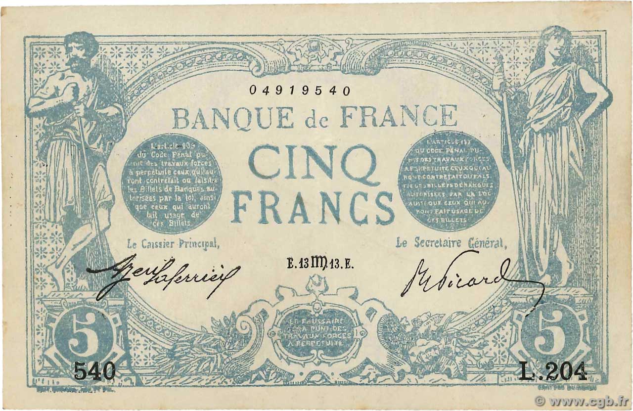 5 Francs BLEU Faux FRANKREICH  1913 F.02.20x VZ