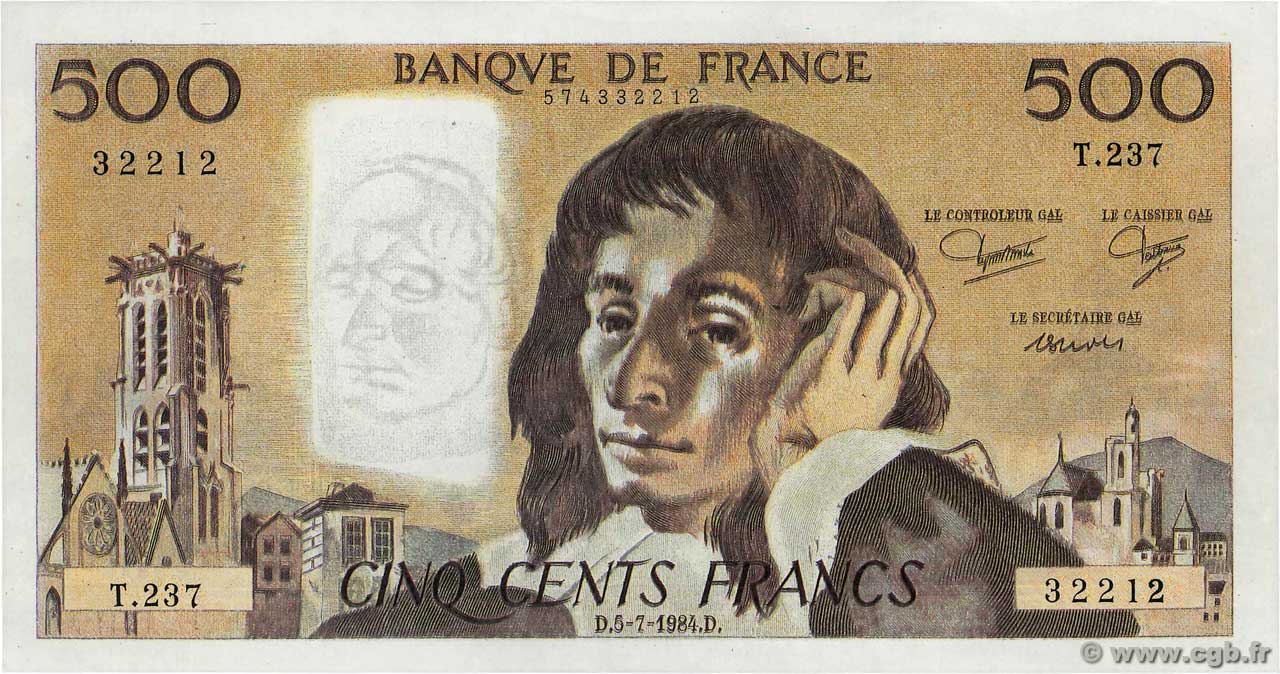 500 Francs PASCAL Faux FRANCE  1984 F.71.31x XF