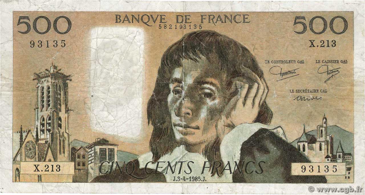 500 Francs PASCAL Faux FRANCIA  1985 F.71.33x RC+