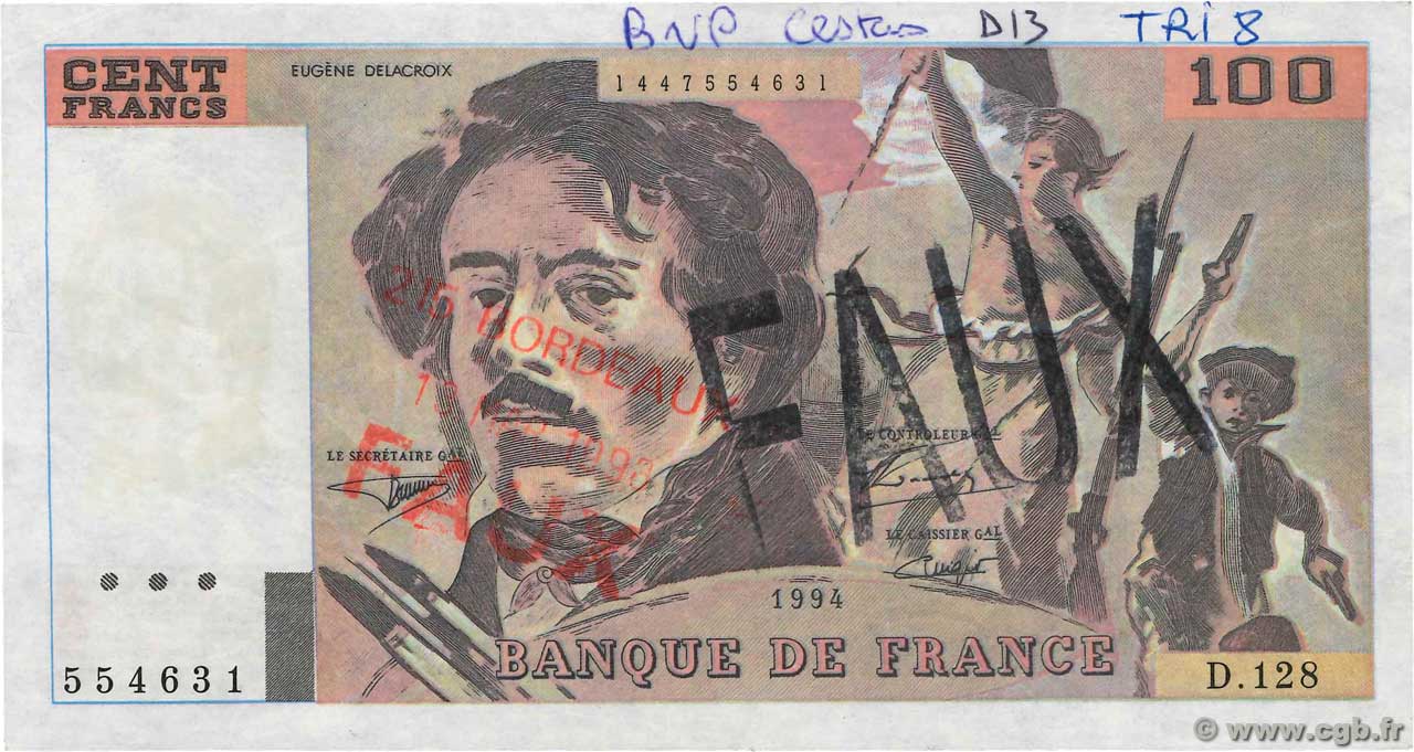 100 Francs DELACROIX 442-1 & 442-2 Faux FRANCE  1994 F.69ter.01x VF