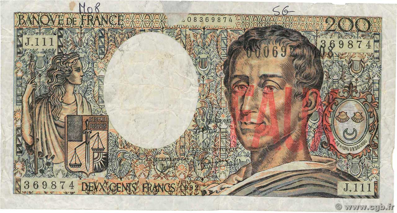 200 Francs MONTESQUIEU Faux FRANCE  1992 F.70.12x B+