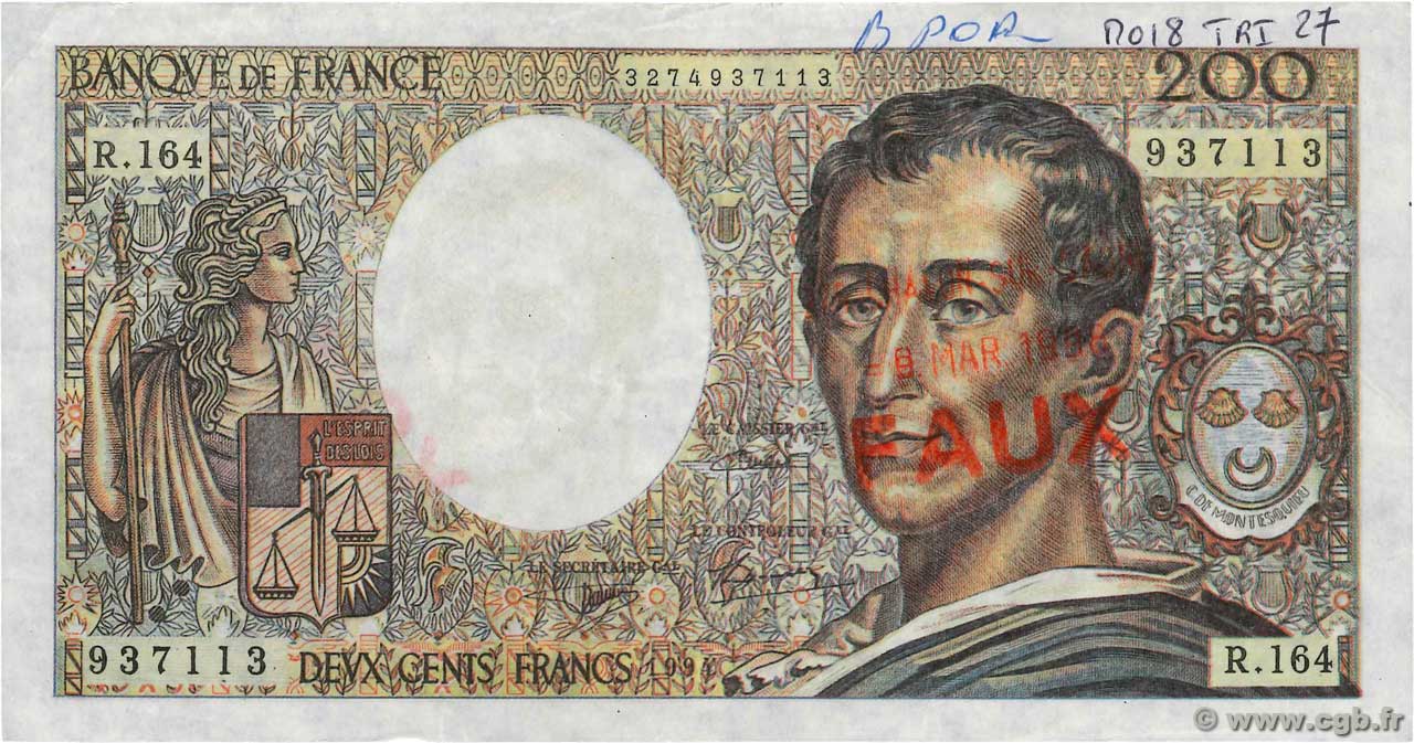 200 Francs MONTESQUIEU Modifié Faux FRANCIA  1994 F.70/2.01x MBC
