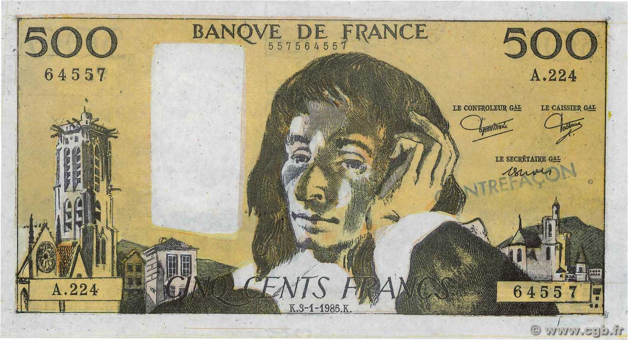500 Francs PASCAL Faux FRANCE  1985 F.71.32x UNC-