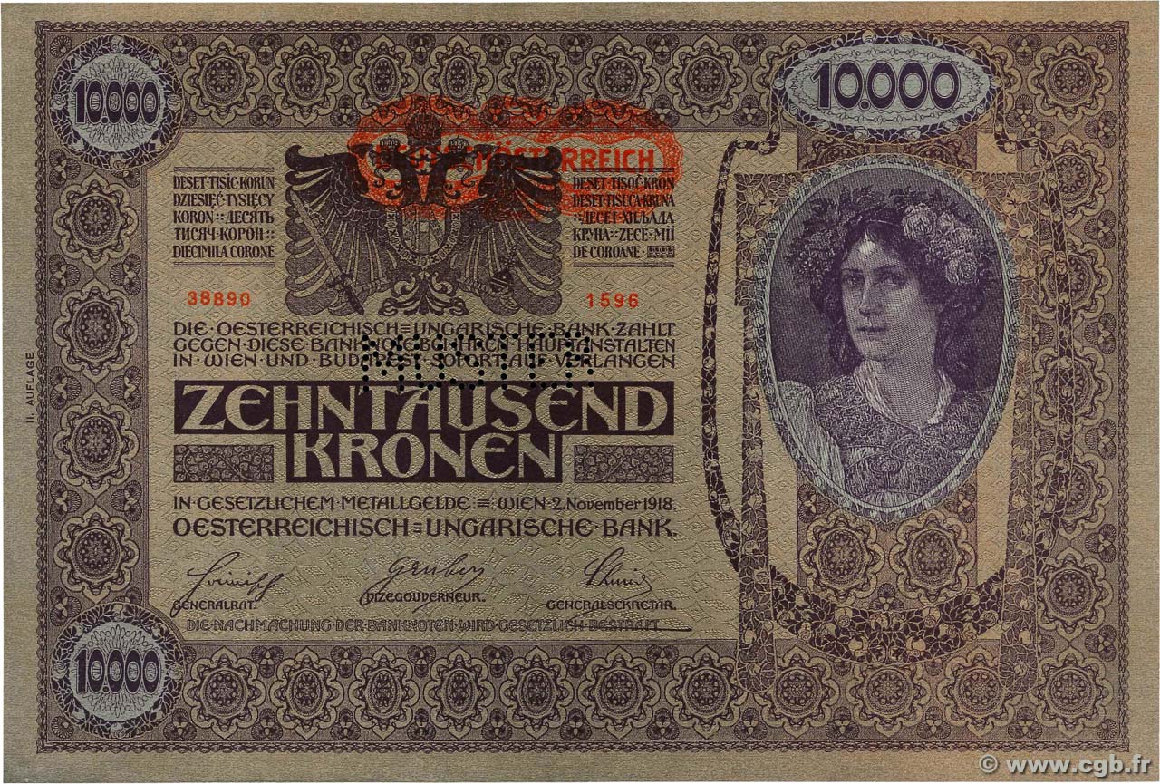 10000 Kronen Spécimen ÖSTERREICH  1918 P.066s fST+