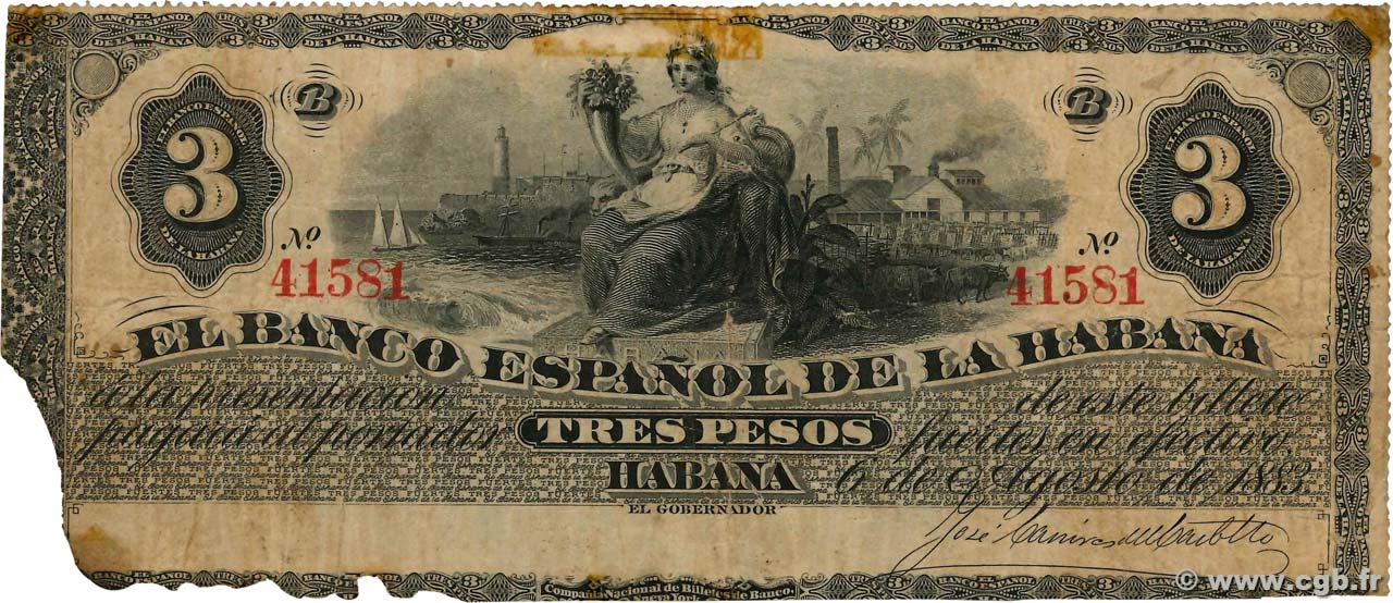 3 Pesos CUBA  1883 P.028f RC