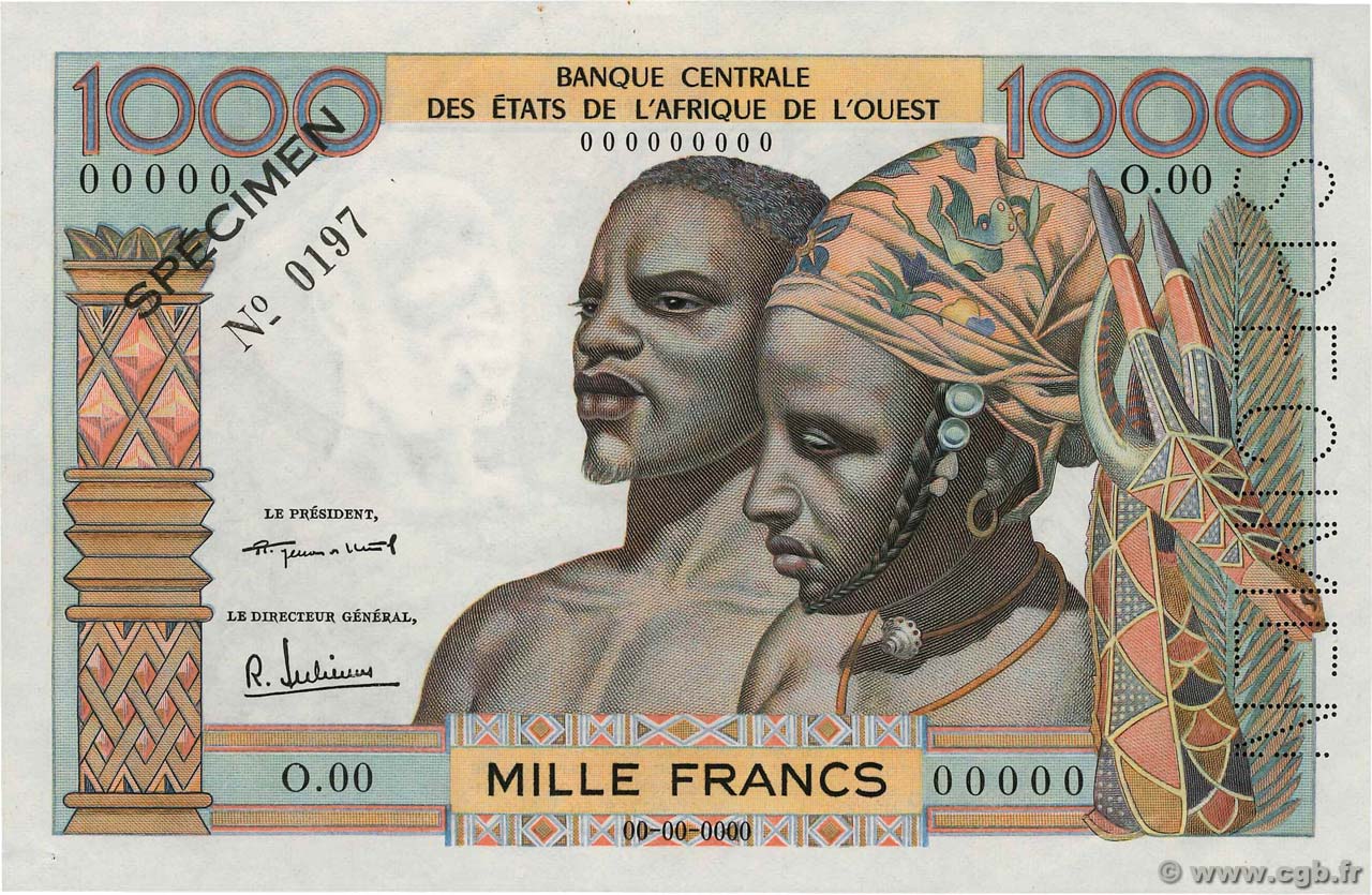 1000 Francs Spécimen ÉTATS DE L AFRIQUE DE L OUEST  1959 P.004s SUP+