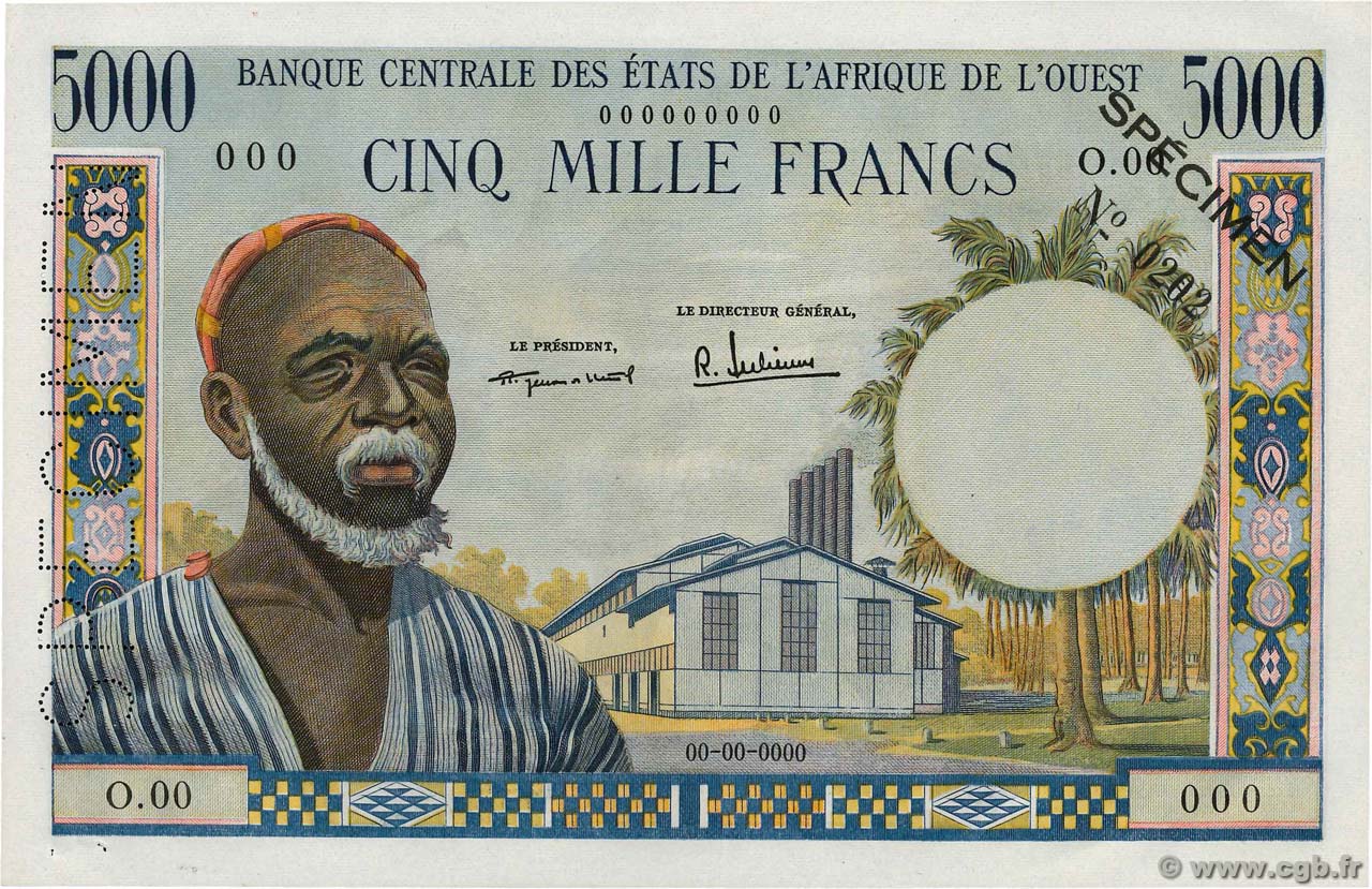 5000 Francs Spécimen ÉTATS DE L AFRIQUE DE L OUEST  1959 P.005s SUP+