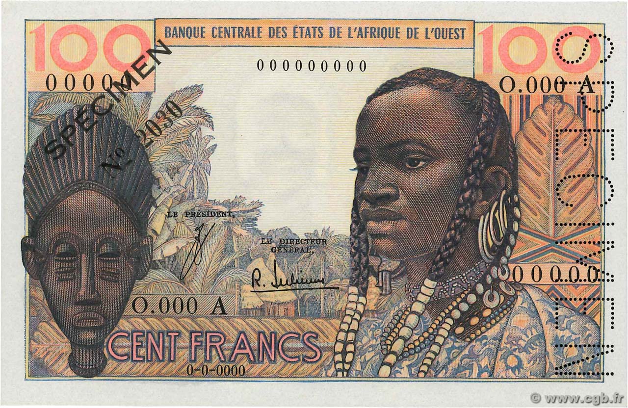 100 Francs Spécimen WEST AFRICAN STATES  1965 P.101Aes AU+