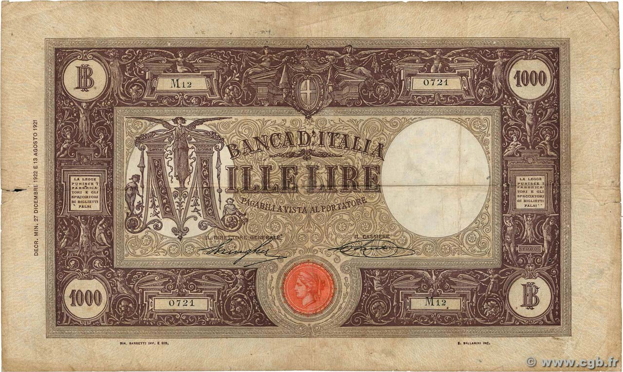1000 Lire ITALY  1922 P.046 G
