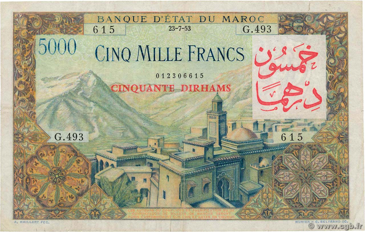 50 Dirhams sur 5000 Francs MAROCCO  1953 P.51 MB