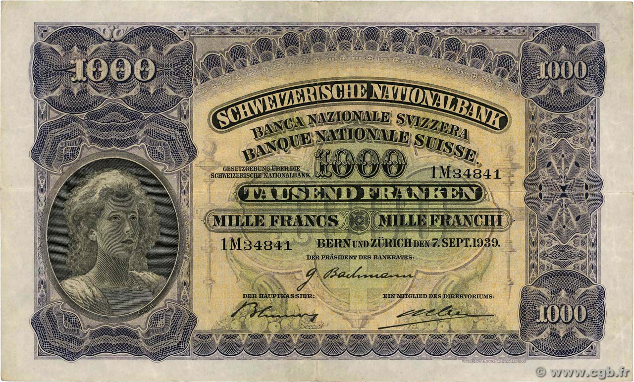 1000 Francs SUISSE  1939 P.37e BC+