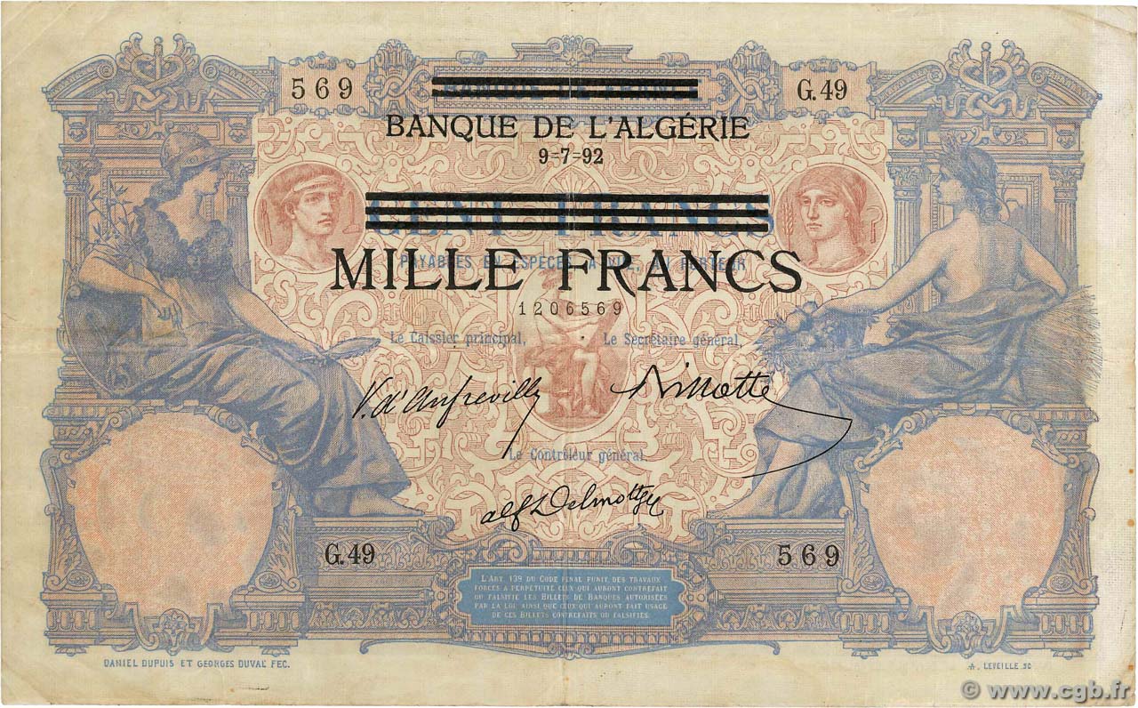1000 Francs sur 100 Francs Non émis TUNISIE  1942 P.31 TTB