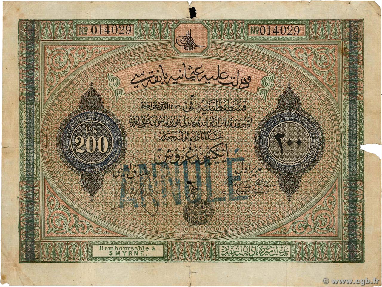 200 Piastres Annulé TÜRKEI  1863 P.055b SGE