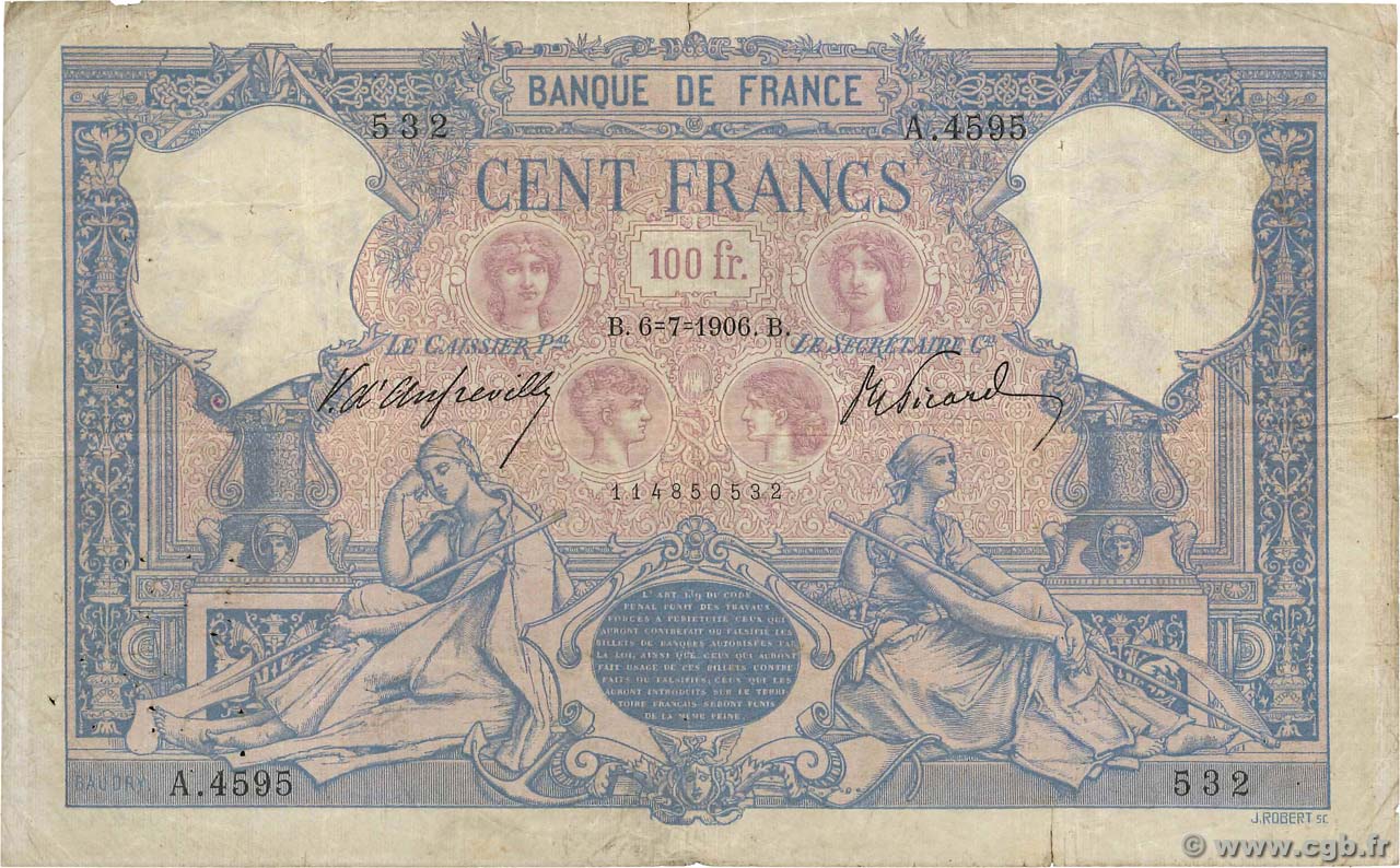 100 Francs BLEU ET ROSE FRANCE  1906 F.21.20 TB