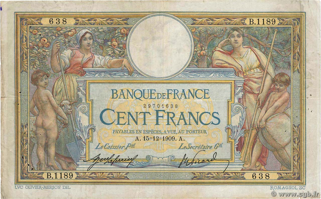 100 Francs LUC OLIVIER MERSON sans LOM FRANKREICH  1909 F.23.01 S