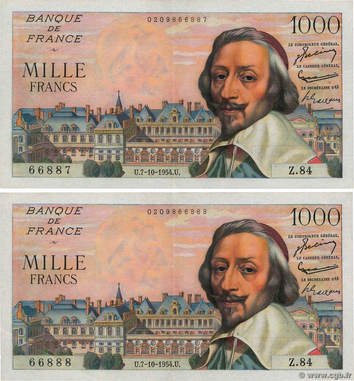 1000 Francs RICHELIEU Consécutifs FRANCE  1954 F.42.08 SUP
