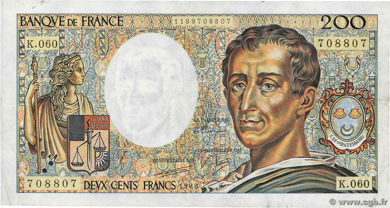 200 Francs MONTESQUIEU Numéro radar FRANCIA  1988 F.70.08 MBC