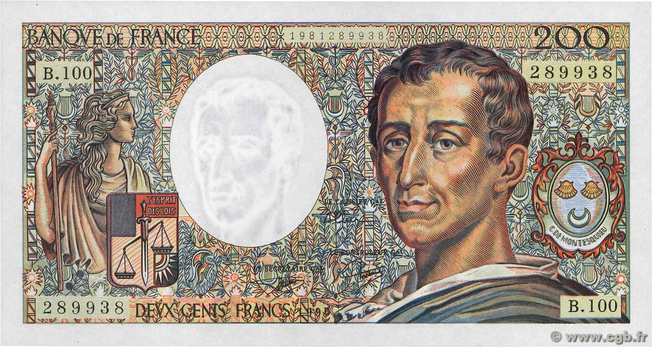 200 Francs MONTESQUIEU FRANCE  1990 F.70.10b pr.NEUF