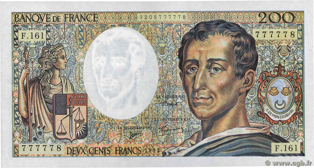 200 Francs MONTESQUIEU Modifié Numéro spécial FRANCE  1994 F.70/2.01 pr.SUP
