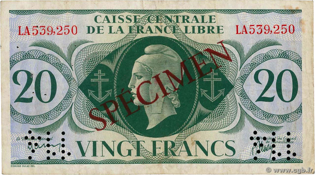 20 Francs Spécimen FRENCH EQUATORIAL AFRICA Brazzaville 1941 P.12s VF