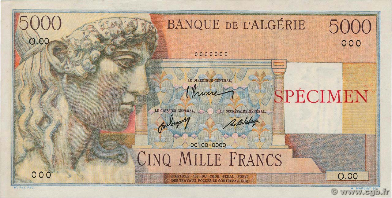 5000 Francs Spécimen ALGÉRIE  1946 P.105s pr.NEUF