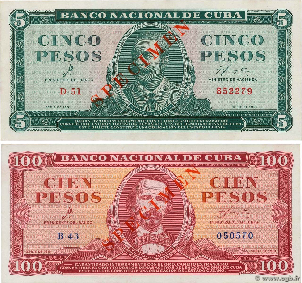 5 et 100 Pesos Spécimen CUBA  1961 P.095s / P.099s SUP
