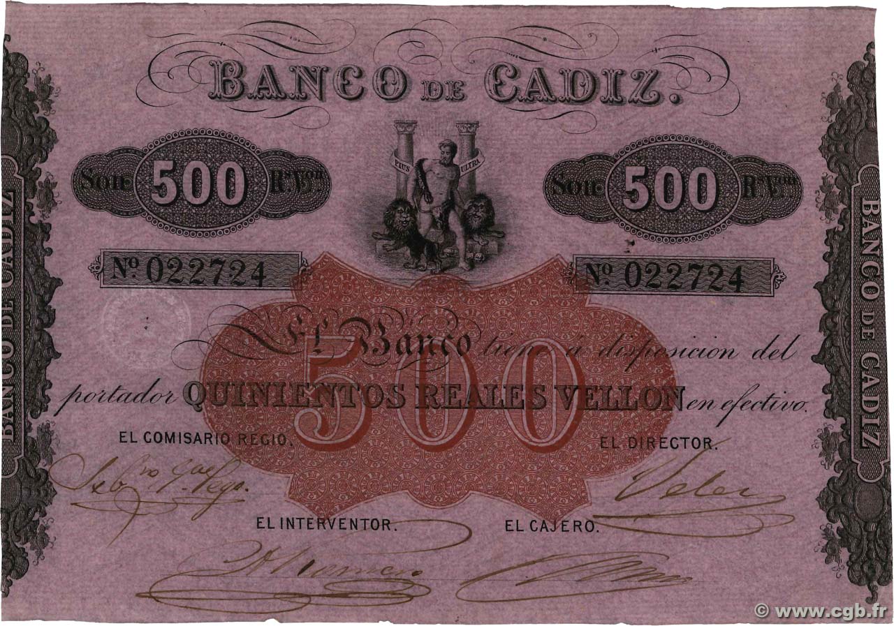 500 Reales De Vellon ESPAGNE Cadiz 1863 PS.293 SPL