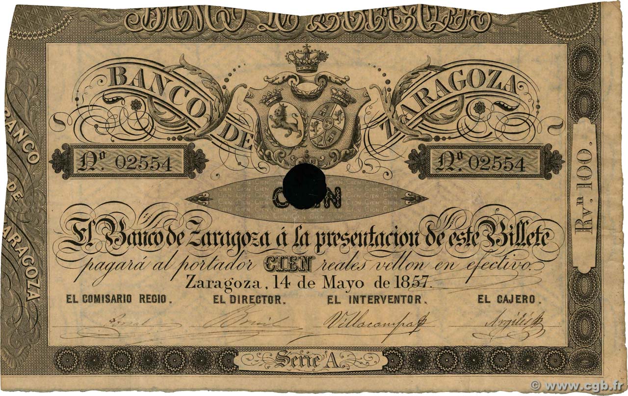 100 Reales De Vellon Annulé SPAGNA Zaragoza 1857 PS.451b q.SPL
