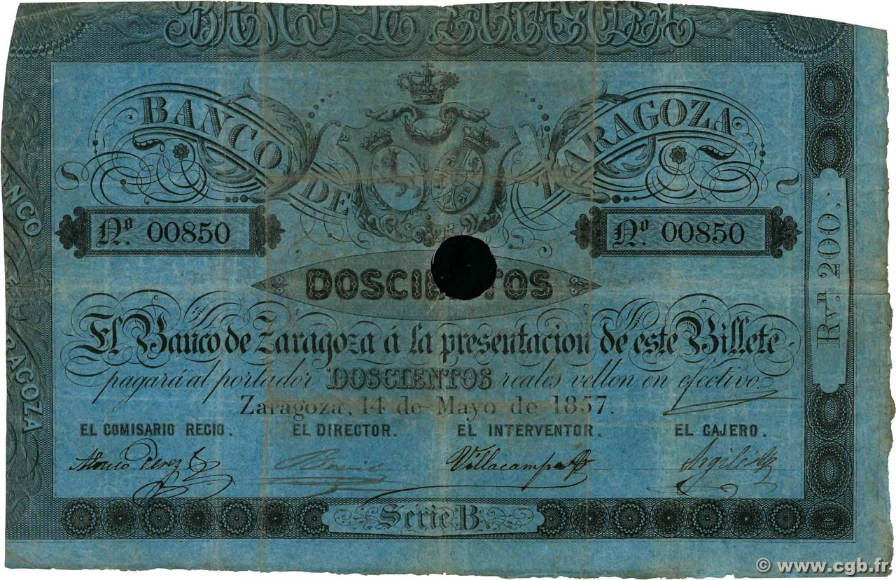200 Reales De Vellon Annulé ESPAGNE Zaragoza 1857 PS.452b pr.TB