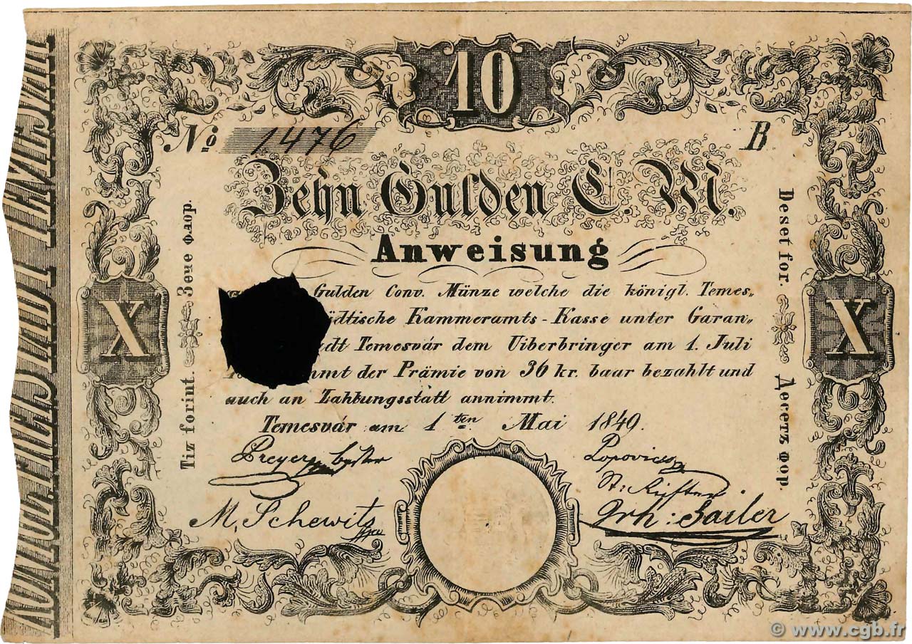 10 Gulden C.M. Annulé HONGRIE Temesvar 1849 PS.198b TTB