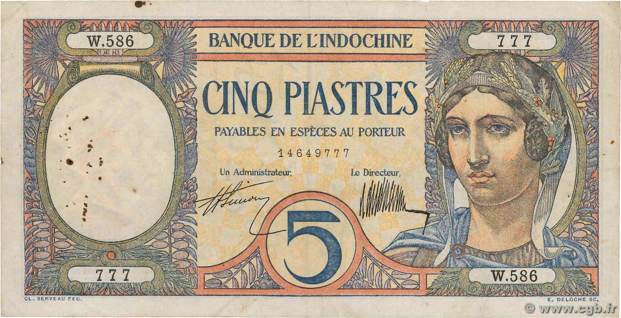 5 Piastres FRENCH INDOCHINA  1926 P.049b VF-