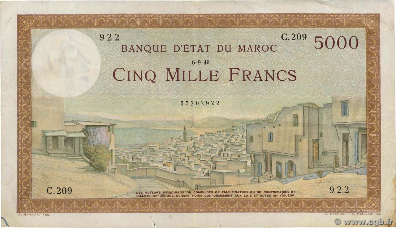 5000 Francs MOROCCO  1949 P.23c VF