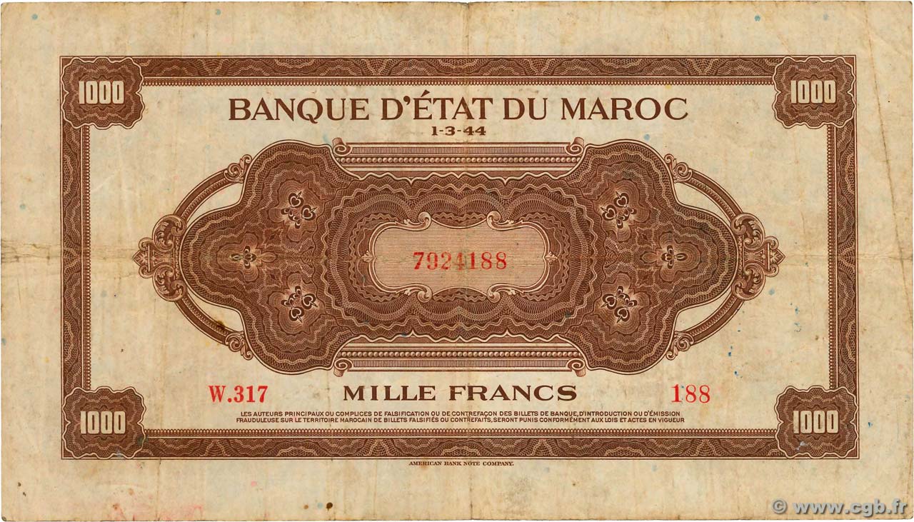 1000 Francs MARUECOS  1944 P.28 BC
